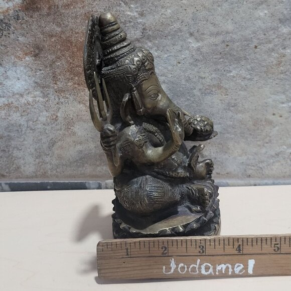 Vintage Metal Brass Seated Ganapati Ganesh Elephant Buddha Statue Sculpture - Picture 11 of 12